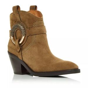 See by Chloé Women's Hanna Heeled Western Booties sz 39 in Military Green Suede